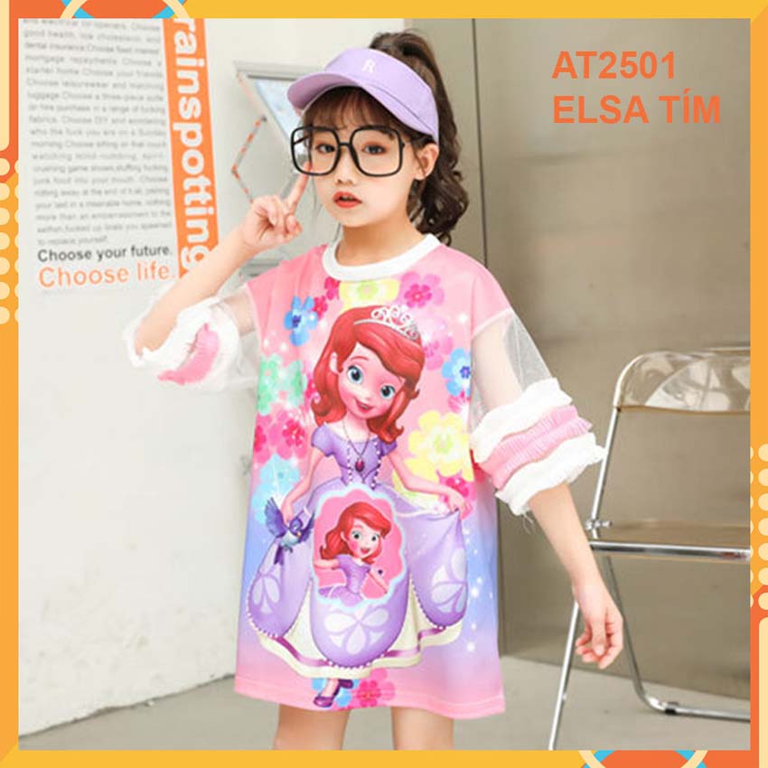 Đầm thun 3d Elsa Tím cho bé gái đến 45kg at2501B