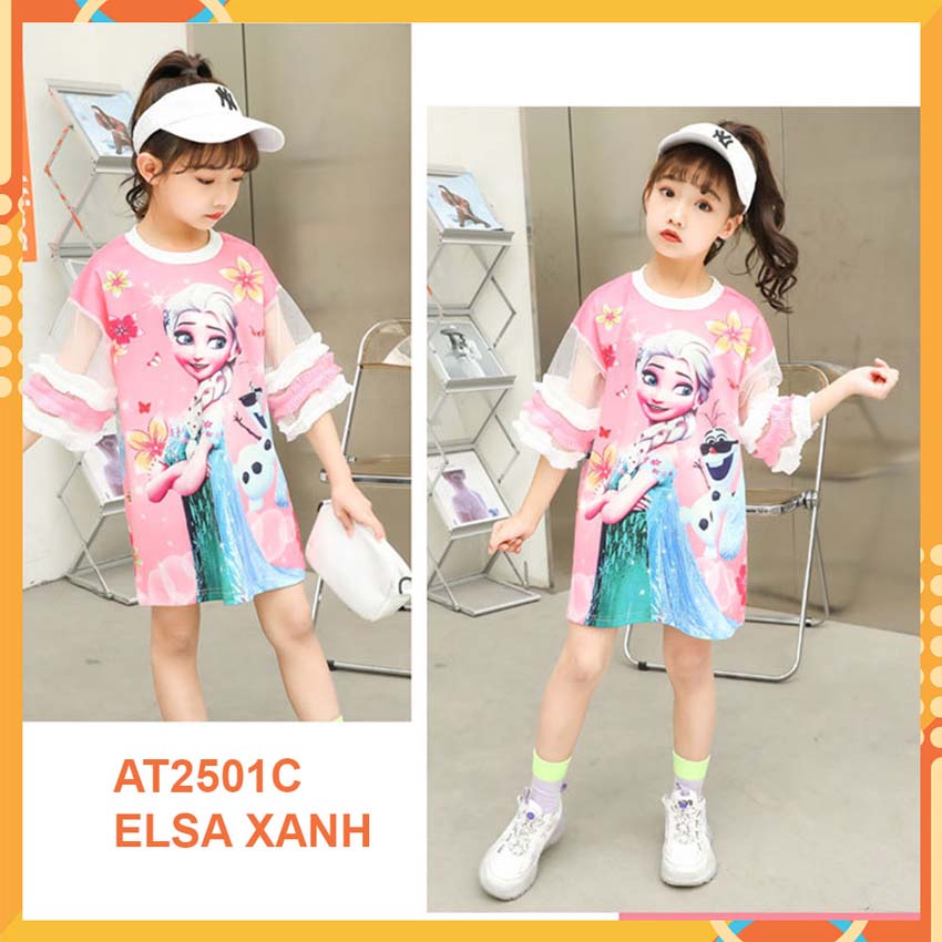 Đầm thun 3d Elsa Xanh cho bé gái đến 45kg at2501C
