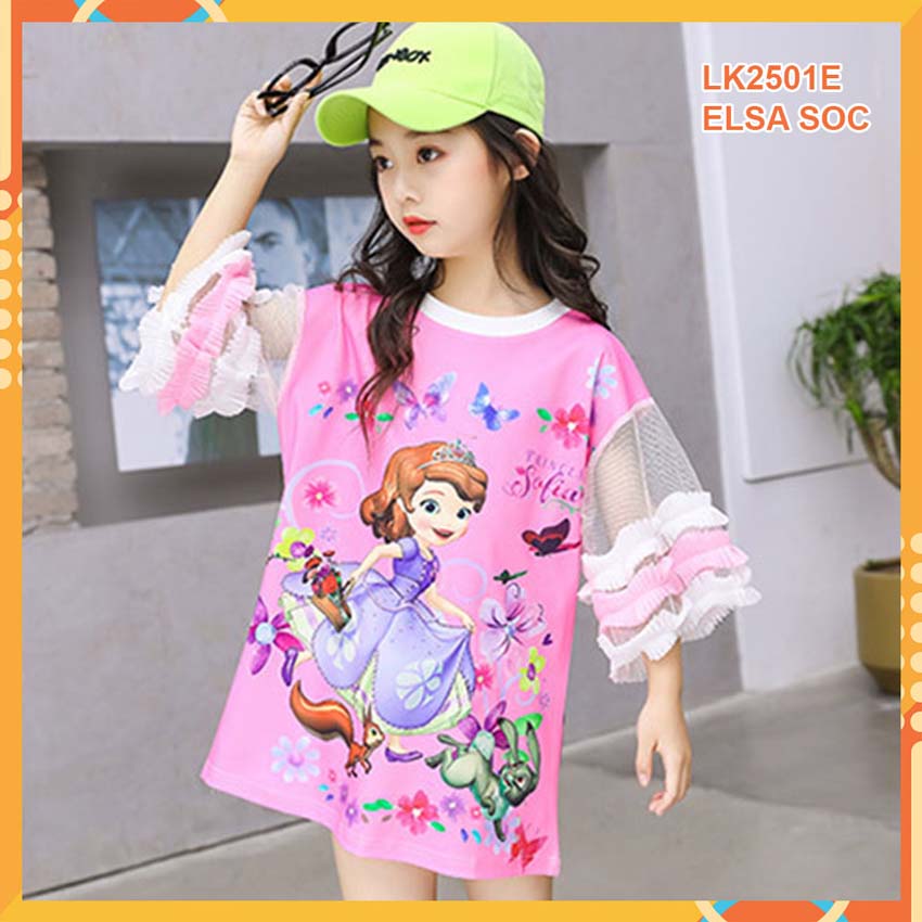 Đầm thun 3d Elsa Sóc nâu cho bé gái đến 45kg at2501E