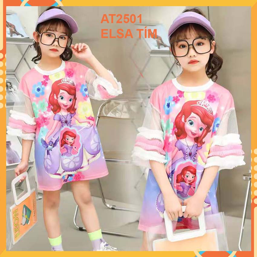 Đầm thun 3d Elsa Tím cho bé gái đến 45kg at2501B