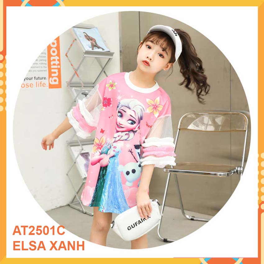 Đầm thun 3d Elsa Xanh cho bé gái đến 45kg at2501C
