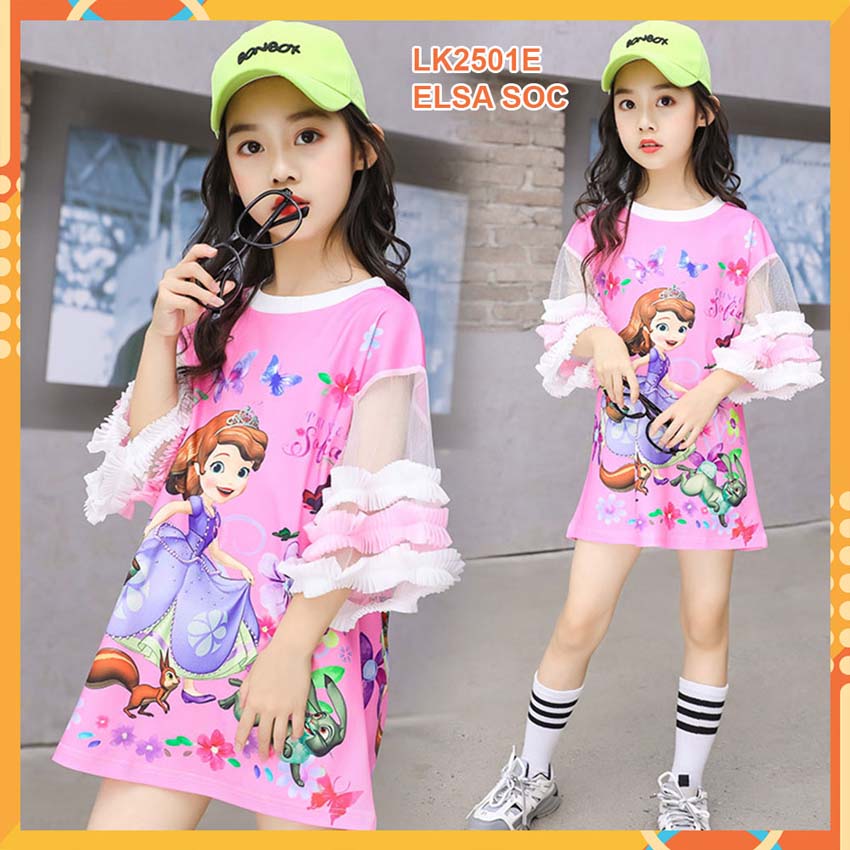 Đầm thun 3d Elsa Sóc nâu cho bé gái đến 45kg at2501E