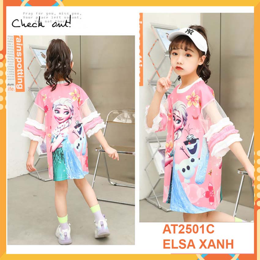 Đầm thun 3d Elsa Xanh cho bé gái đến 45kg at2501C