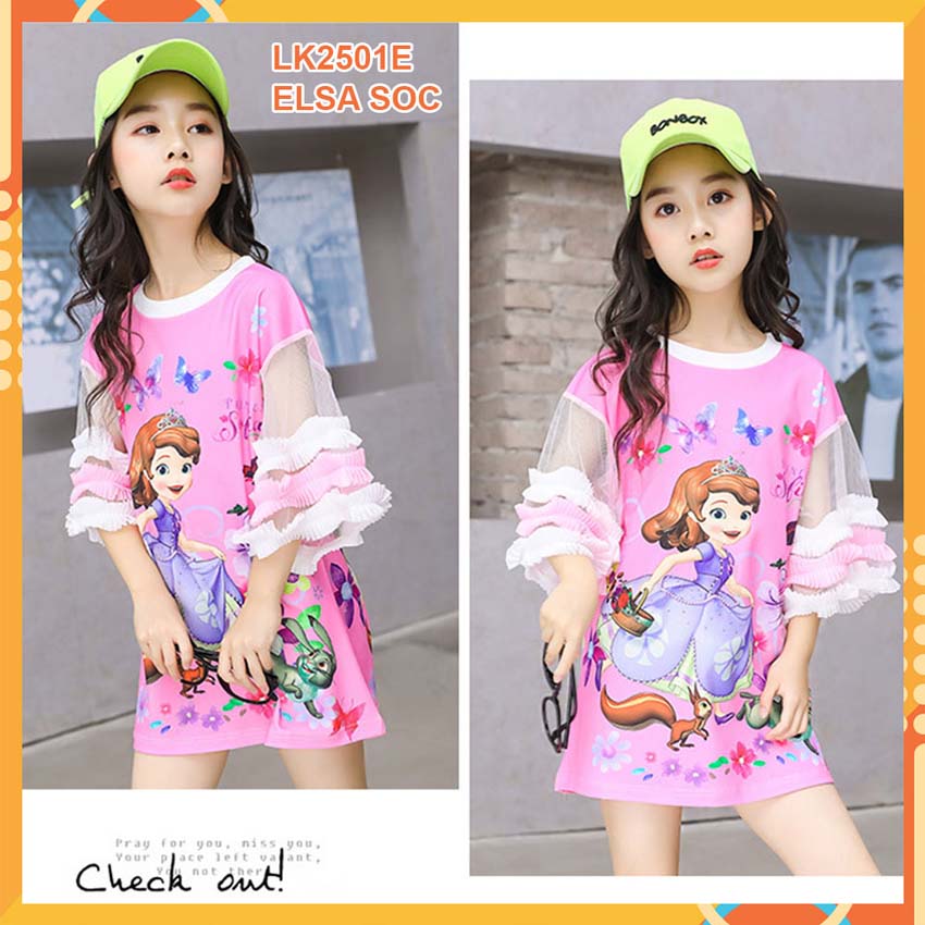 Đầm thun 3d Elsa Sóc nâu cho bé gái đến 45kg at2501E
