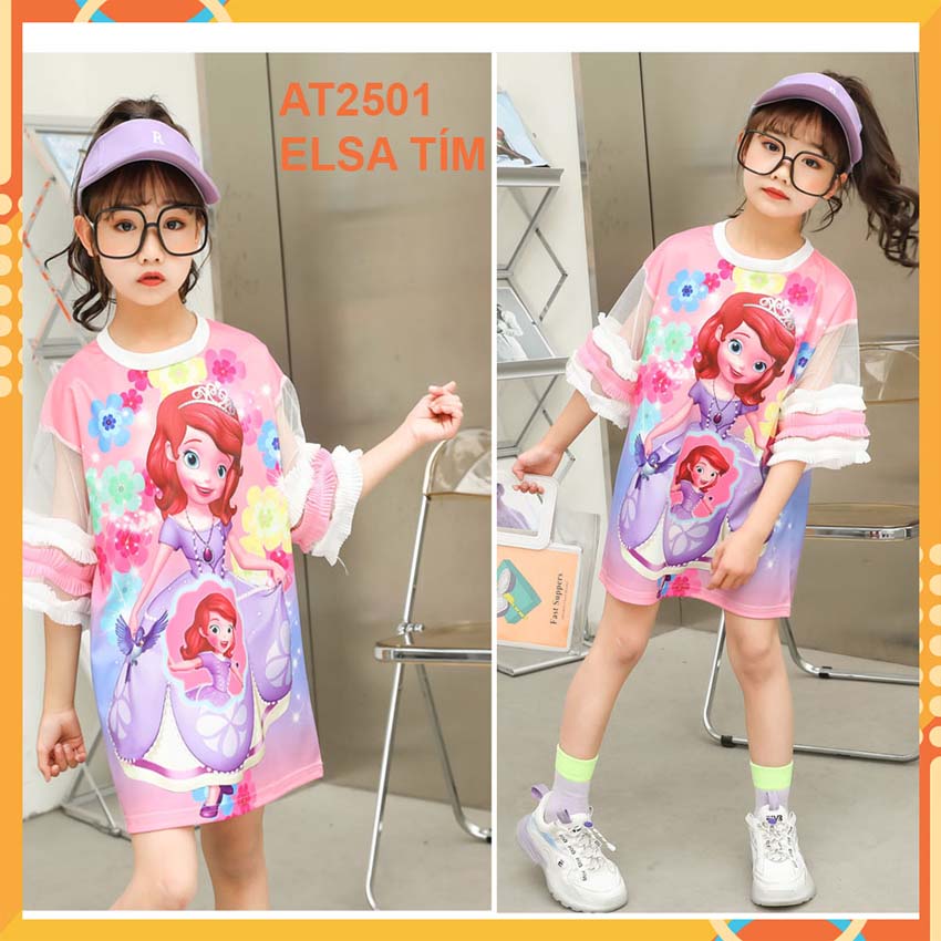 Đầm thun 3d Elsa Tím cho bé gái đến 45kg at2501B