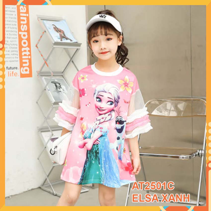 Đầm thun 3d Elsa Xanh cho bé gái đến 45kg at2501C