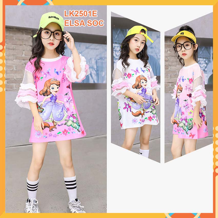 Đầm thun 3d Elsa Sóc nâu cho bé gái đến 45kg at2501E