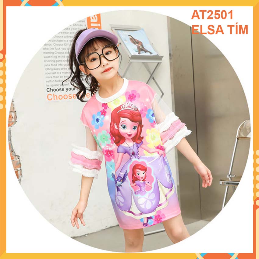 Đầm thun 3d Elsa Tím cho bé gái đến 45kg at2501B