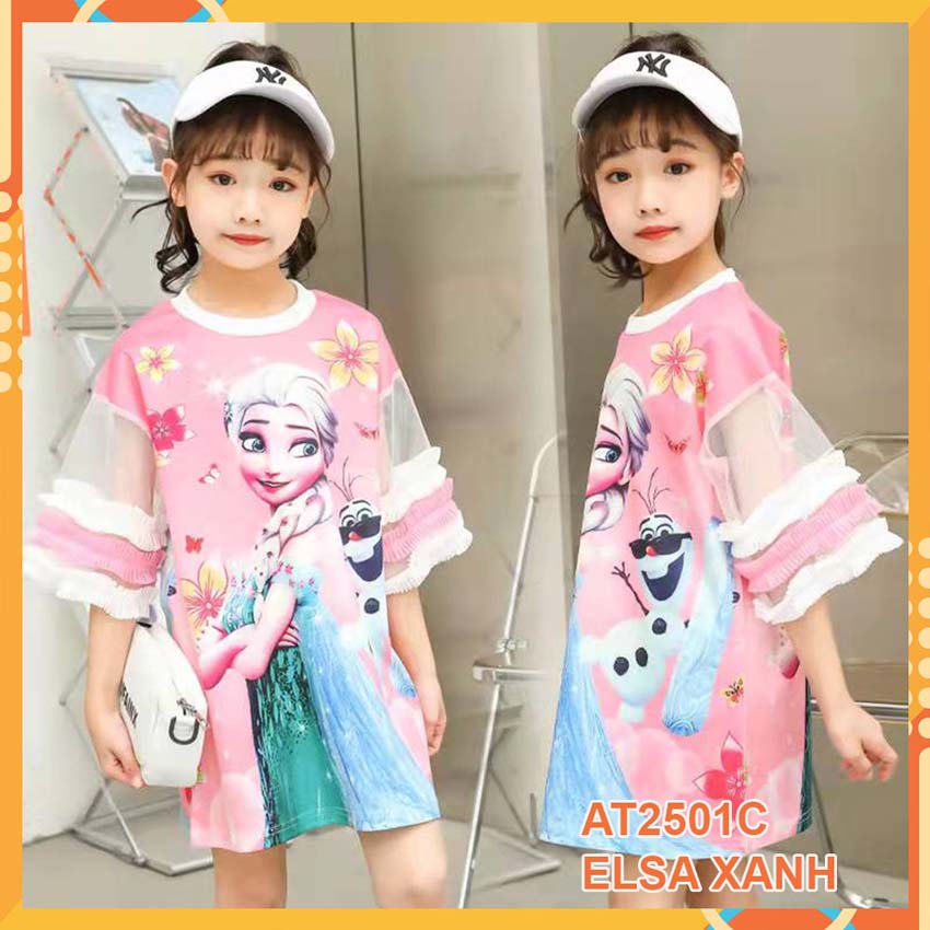 Đầm thun 3d Elsa Xanh cho bé gái đến 45kg at2501C