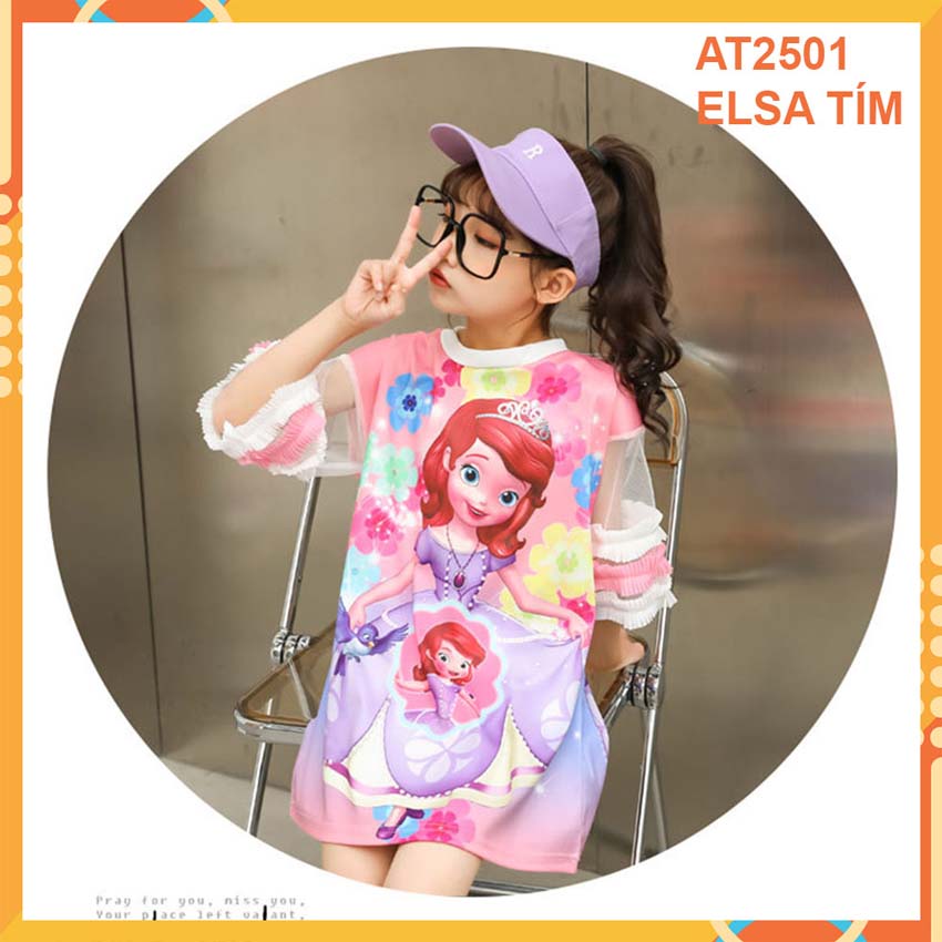 Đầm thun 3d Elsa Tím cho bé gái đến 45kg at2501B