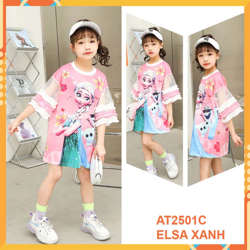 Đầm thun 3d Elsa Xanh cho bé gái đến 45kg at2501C