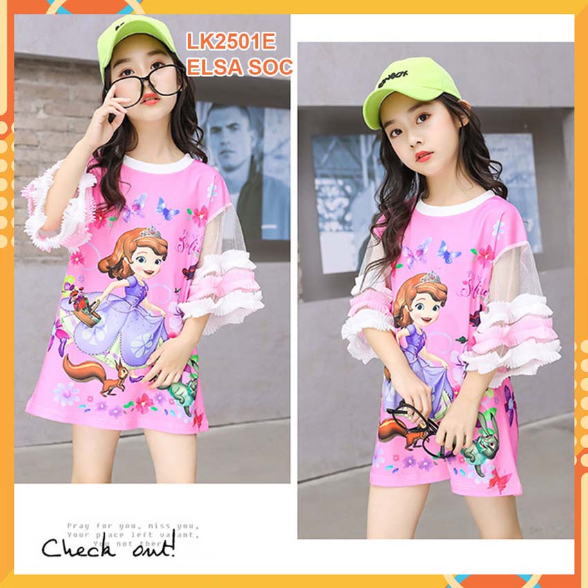 Đầm thun 3d Elsa Sóc nâu cho bé gái đến 45kg at2501E