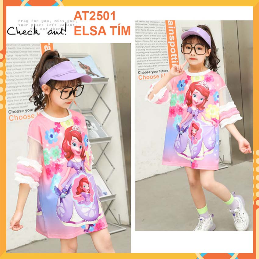 Đầm thun 3d Elsa Tím cho bé gái đến 45kg at2501B