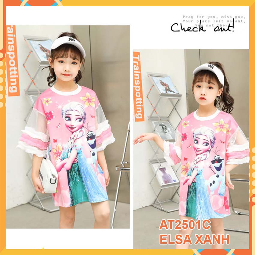 Đầm thun 3d Elsa Xanh cho bé gái đến 45kg at2501C