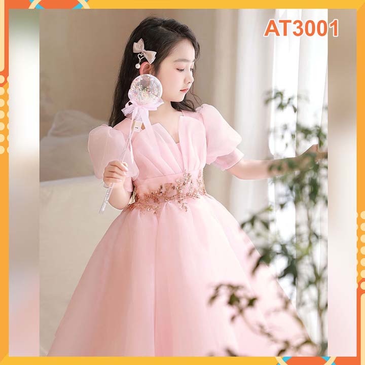 Đầm công chúa bé gái xòe tự nhiên cao cấp hồng-at3001