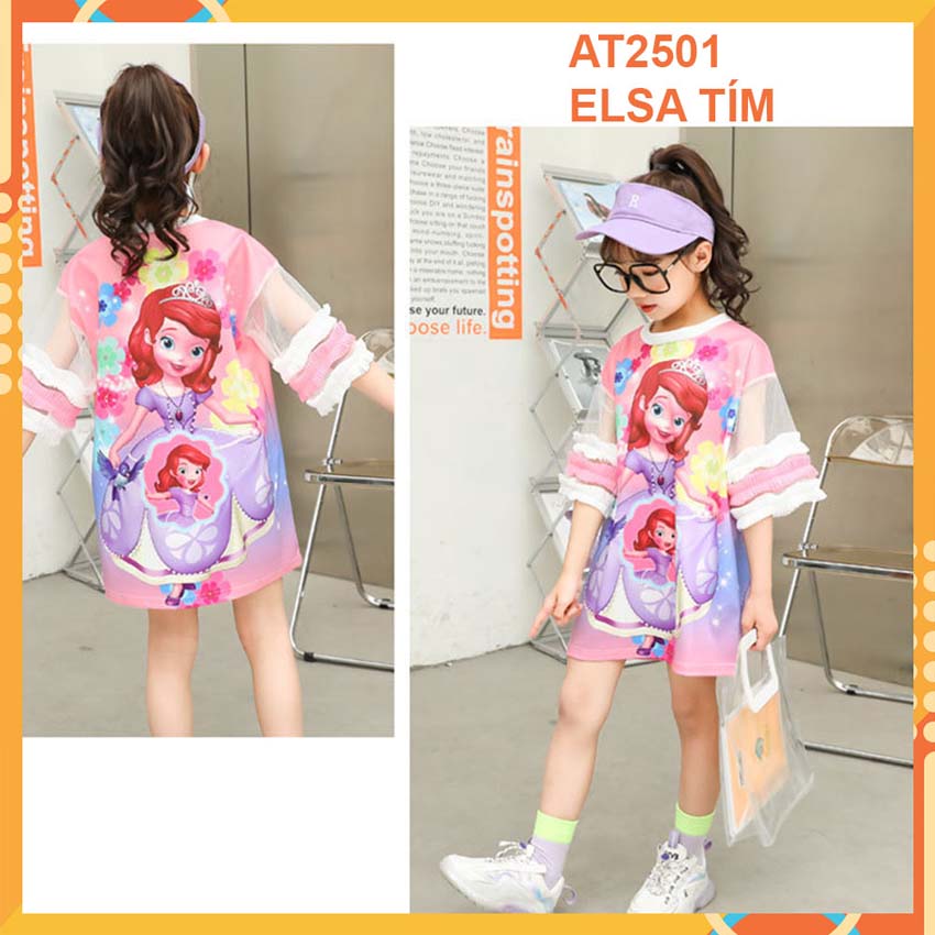 Đầm thun 3d Elsa Tím cho bé gái đến 45kg at2501B