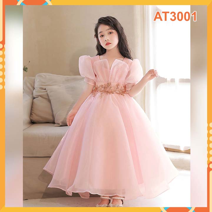 Đầm công chúa bé gái xòe tự nhiên cao cấp hồng-at3001